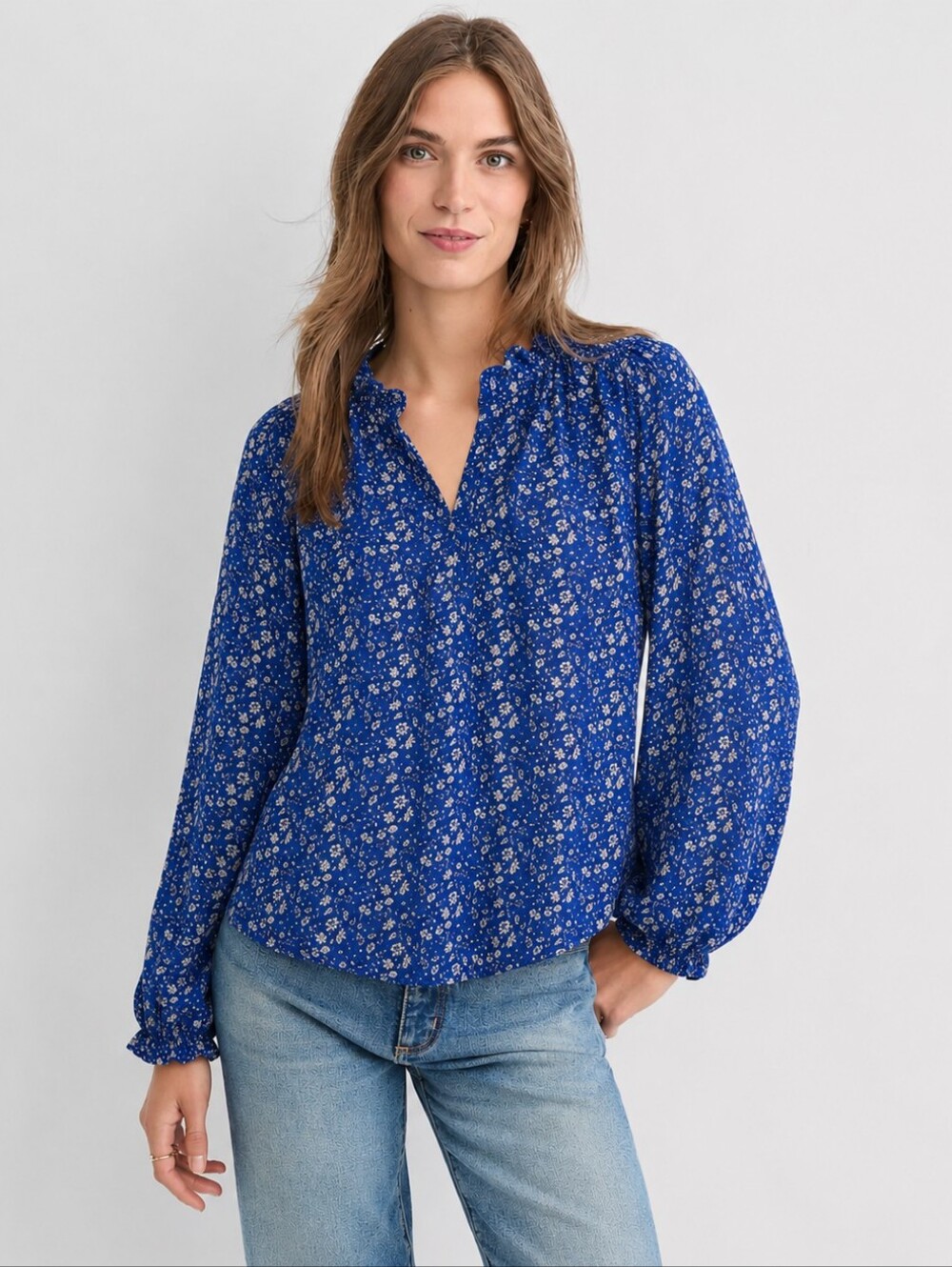 LOFT Blue Floral Ruffle Neck Blouse XL Sheer Long Sleeve